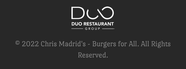 Screenshot of the bottom of chrismadrids.com includes the slogan burgers for all.
