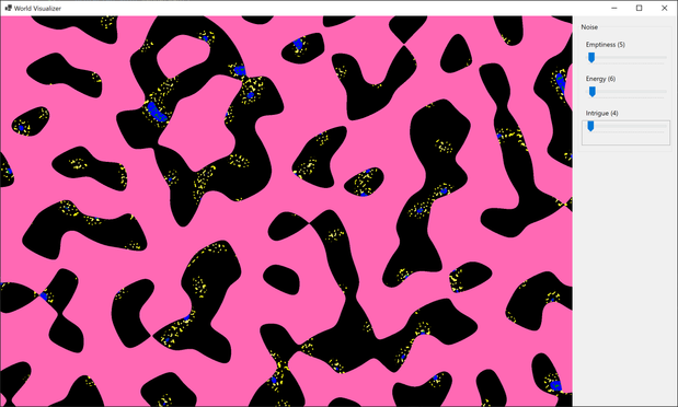 A visualization of 3 Perlin noise functions colored blue, yellow and pink.  The blue and yellow are smaller dots wherein the blue is always contained inside the yellow.  The pink is spread throughout in larger swaths.  Three sliders are labeled; emptiness, energy, and intrigue.  Their values are set low in the range.