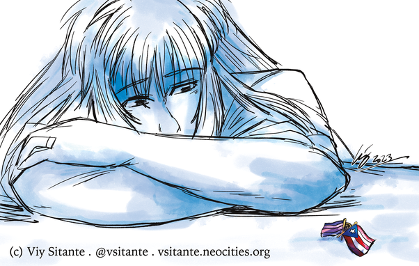Color picture in shades of blue. A young married woman has crossed her arms on a surface and is resting on said arms. She appears to be staring with sadness and solemnity (perhaps one might say longing) to the side, specifically to a pin. This pin has the design of the "friendship flag" pins except this pin represents asexual + Puerto Rican sides. I think, I don't know how to describe that, I just think the idea is cool and I was very disappointed to not find it existing already. Somebody get on it and credit me lol