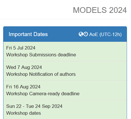 Submission deadline for Workshops at the MODELS 2024 conference: July 5th