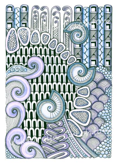 Three seashells_Abstract modern handmade drawing in zenart style. Digital art print, interior poster.
