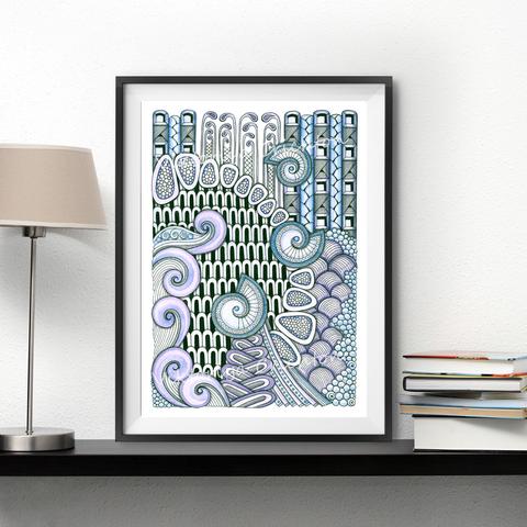 Three seashells_Abstract modern handmade drawing in zenart style. Digital art print, interior poster.