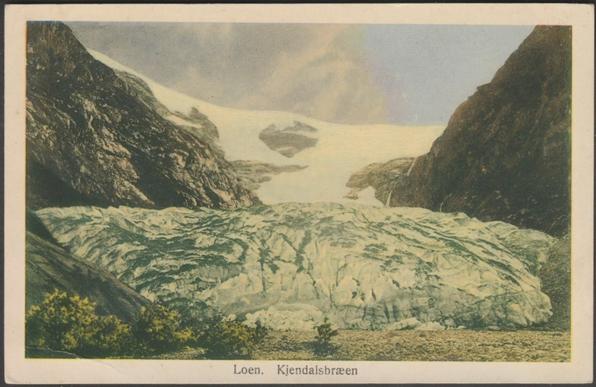 Printed colour postcard showing a view of the Kjenndalsbreen Glacier at Loen in Vestland, Norway.
Published by Paul E. Ritter, Bergen, No 1234, c.1920.
Postally unused.
Good condition, with very slight corner bumps, but a few light bends to the left end and crease to bottom left corner.