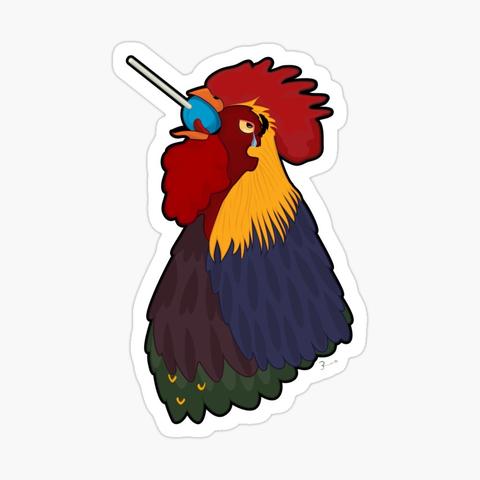 Lolligag, illustration by Brent Pruitt. 
A cartoon image of a rooster head, neck and breast. 

the plumage around its head is golden yellow. the breast begins with dark eggplant purple feathers leading to a patch of deep green with a yellow tips. navy feathers cover its side.

It has a bright red waddle and comb.
Its tongue partially sticks from under a sucker/lollipop lodged in its open beak. the rooster's eye rolls back with a single tear forming at the corner, ready to drop. 

Lolligag illustration by Brent Pruitt is available as art prints, apparel and other items at https://brentpruitt.redbubble.com.

Support my art on https://ko-fi.com/brentpruitt