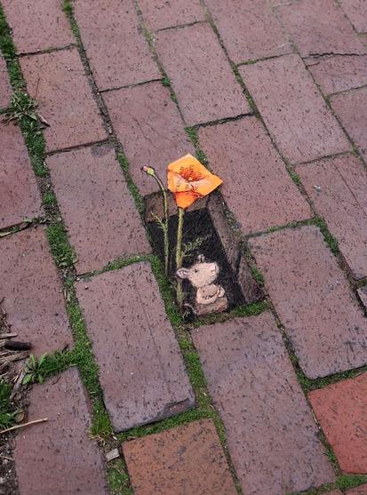 Streetart. A small mouse and a hole with a 3D effect were drawn with chalk on a sidewalk made of red, rectangular stone slabs. An orange piece of paper lay on the ground, which the artist folded into a flower and placed back on the ground. Now the little mouse is looking out of a rectangular hole from which an orange flower with green stems is growing. Title: "Fergus has a knack for growing bright blooms in forgotten places."