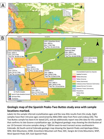 Geologic map of the Spanish Peaks-Two Buttes study area with sample locations marked.