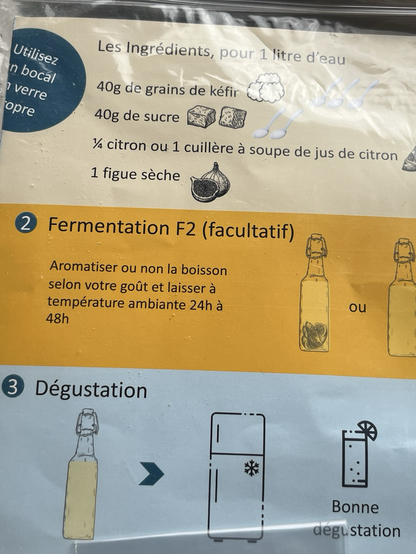 Recette du Kéfir de fruits: 1 l eau, un quart de citron, une figue séchée, 40 g de graines de Kéfir et 40 g de sucre…