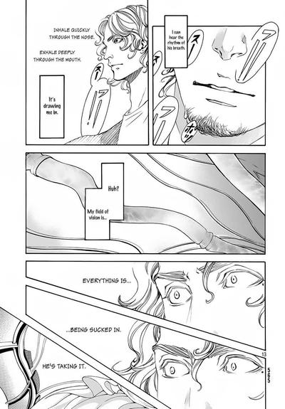 Page from the manga 10 Count. "I can hear the rhythm of his breaths.
 Inhale slowly through the nose. Exhale deeply through the mouth.
It's drawing me in.
Huh? My field of vision is...
Everything is...
Being sucked in.
He's taking it!"