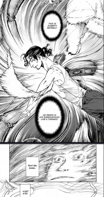 Next page of 10 Dance. The other dancer has become a cyclone. The narrator is drawn being sucked into his power, tornado-style.