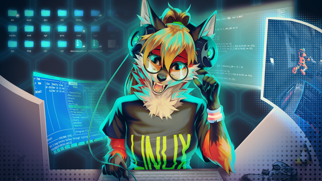 Desktop wallpaper artwork of Xenia, the character that almost became Linux mascot!
Front view of her, while she's sitting at her desk, doing some Linux stuff perhaps.
There's a lot of glowing going on in the image. In the background there's some flying sci-fi screens of various different windows, next to her is a large screen, currently displaying the open-source game 'Xonotic'. 
She's wearing fancy headphones with the steam deck logo on it.
She's also wearing a wristband with the trans flag printed onto it.