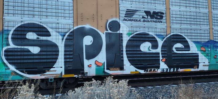 Train car with graffiti rolling through Kamloops BC Canada