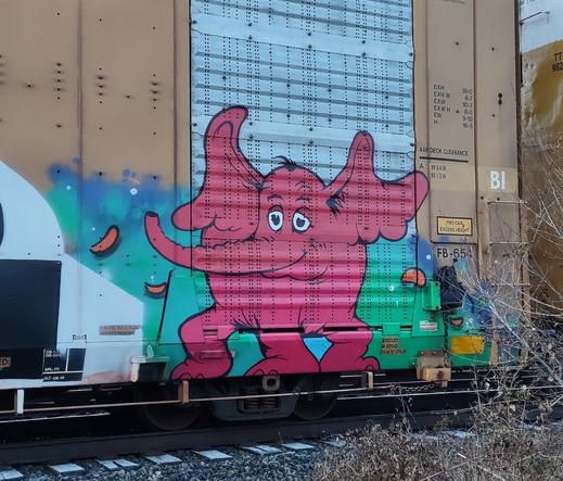 Train car with graffiti rolling through Kamloops BC Canada