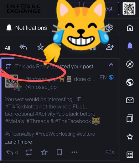 You wot would be interesting... iF #TikTokNotes got the whole FULL, bidirectional #ActivityPub stack before #Meta's  #Threads & #TheFacebook 😹

#siliconvalley #FreeWebHosting #culture #CommunicationsPlatforms #Thanks #ThreadsNet 😹