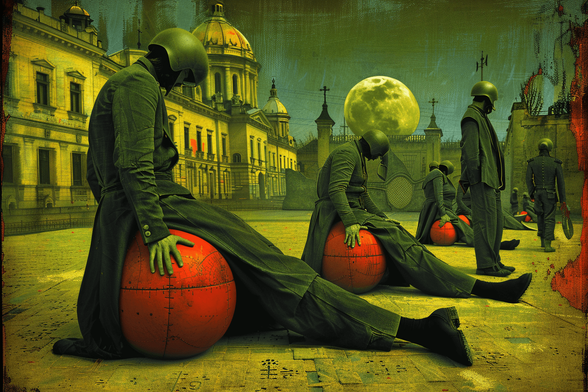 A city square. To the left the square is bordered by old-fashioned, perhaps Eastern, buildings. Straight ahead the square ends in a wall, over which a large pale moon looms. In the foreground a humanoid figure with extremely large legs, entirely covered except for the hands by a helmet and dark clothing, sits on a red sphere of some kind. A line of similar figures sitting on similar spheres extends into the background and to the right, where it is obscured by a few similarly dressed standing humanoid figures. At least some of the tiles of the square seem to be inscribed with some kind of glyph. The extreme right edge of the image seems to be damaged, with a stain of some red liquid.
