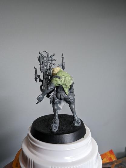 Converted beastman miniature with sculpted detail, rear view