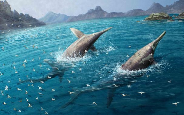 Paleoart painting: A giant pair of prehistoric swimming reptiles. By Gabriel Ugueto