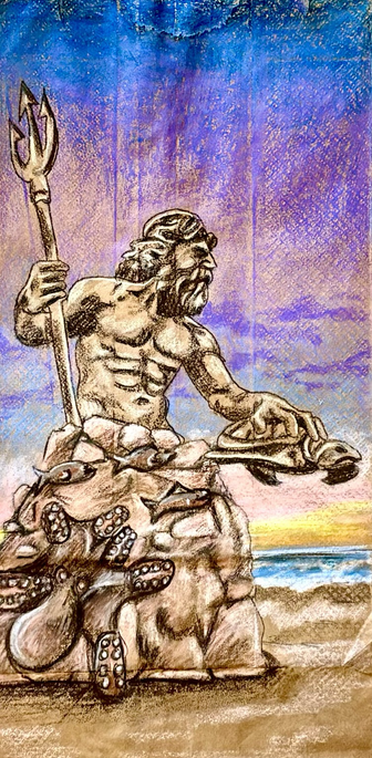Illustration of Va Beach’s Statute of Neptune, King of the Sea on a brown paper bag