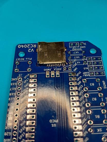 Picture of the RC2040 PC with hand soldered microSD socket.