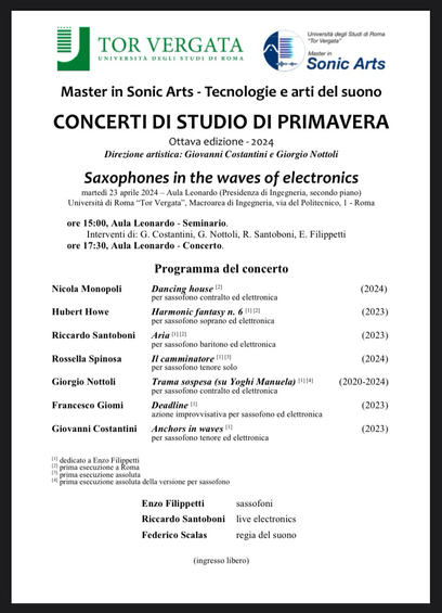 Programma del concerto del 23 aprile 2024 organizzato nell’ambito del Master in Sonic Arts dell’Università di Roma Tor Vergata