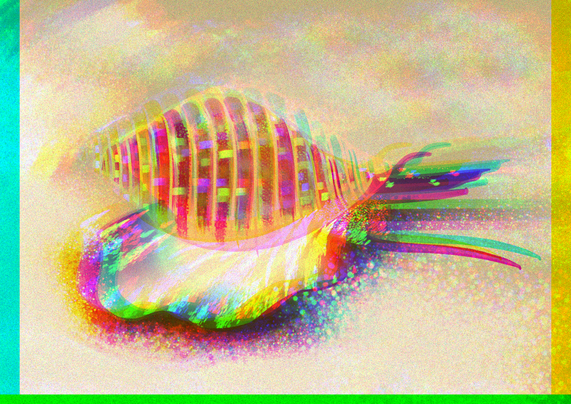 A partridge tun (looks like a gastropod of some sort) on sand under the sea, chromatically aberrant.