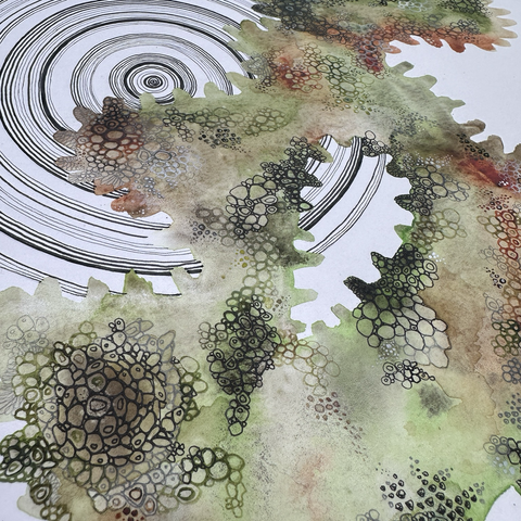Detail of the work: Black circles, green shape filled with circles and dots