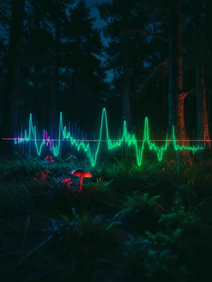 «Generated by LeonardoDiffusion»
(A waveform similar to the measurement results of an oscilloscope) The earth is likened to the x-axis, and the trees and mushrooms are expressed as growing in a zigzag pattern between positive and negative directions.