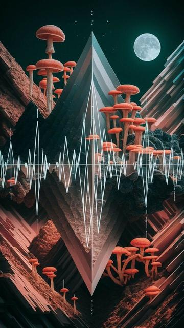 « Generated by ideogramai »
(Waveform as measured by an oscilloscope) This geometric landscape represents the earth and Fungi. Mystery of the Earth, symbolic (e.g. poetry)
