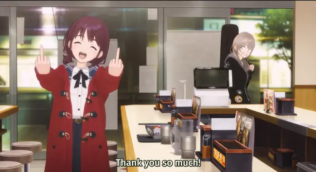 An young girl with red hair and a red coat says thank you with two middle fingers, smiling happily. An older blonde girl wearing a blank hoodie carrying a guitar case slung on her back looks at her in surprise.