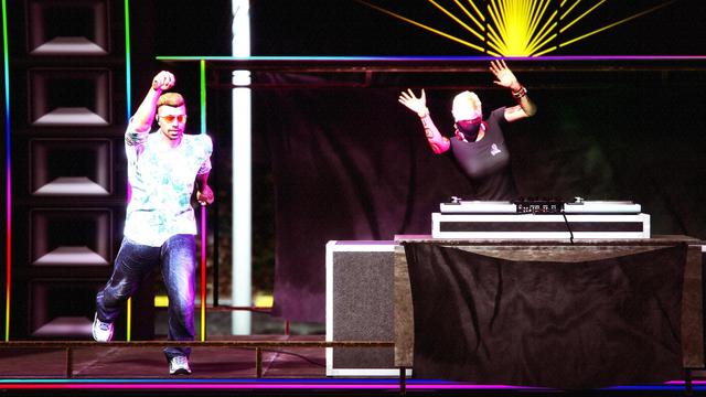 A screenshot I took in the video game GTA Online using the Rockstar Editor. It was taken during a Grotti (Ferrari) themed crew meet and shows my male character doing a superman flying gesture next to a fellow crew members female character waving her hands up in the air standing behind a DJ set.