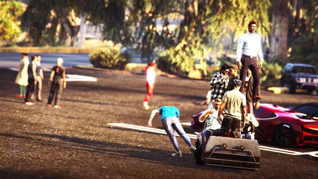 A screenshot I took in the video game GTA Online using the Rockstar Editor. It was taken during a Grotti (Ferrari) themed crew meet and shows the usual chaos happening at a BONK crew meet.