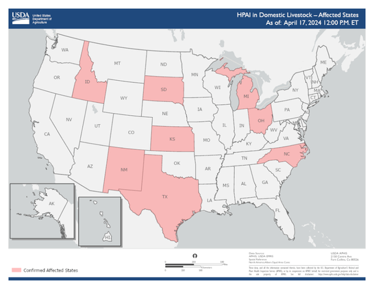 USA, H5N1 influenza in cow, as of April 18 2024.
