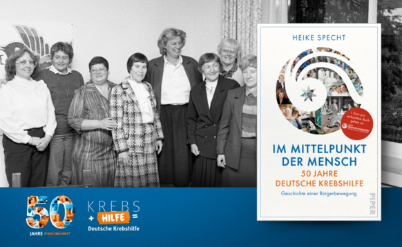 Das Plakat zeigt Mildred Scheel und weitere Frauen. Rechts ist das Buch "Im Mittelpunkt der Mensch - 50 Jahre Deutsche Krebshilfe" von Heike Specht abgebildet. Copyright: Deutsche Krebshilfe