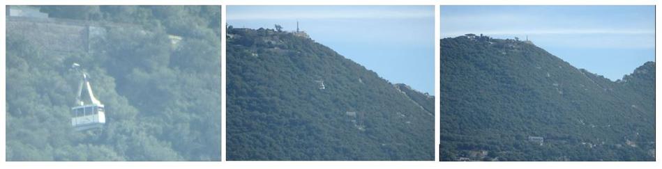 A sequence of 3 photographs. On the left is a misty photograph of a gondola on the Gibraltar cable-car that goes up the Rock. The background is greenery. 
The second photograph is zoomed out and the cable car is a small dot in the centre. The greenery is topped by the sky. The third photograph is zoomed out further and the gondola can't be seen even though it is still there.