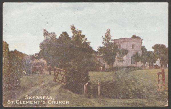 Printed colour postcard showing a view of St Clement's Church at Skegness in Lincolnshire.
Publisher not stated, not numbered, c.1910.
Postally unused.
Very good condition, with slight corner bumps.