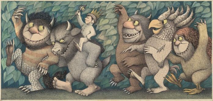 Illustration from Maurice Sendak's Where the Wild Things Are. It shows the book's hero, Max, on the shoulders of one of the wild things who. This and four more wild things are cavorting in a line in what's described in the book as a "rumpus".