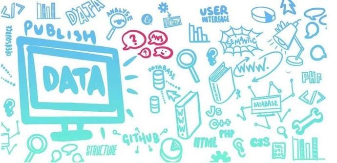 decorative graphic - brightly coloured sketch style icons themed around data and tech. www.epimorphics.com