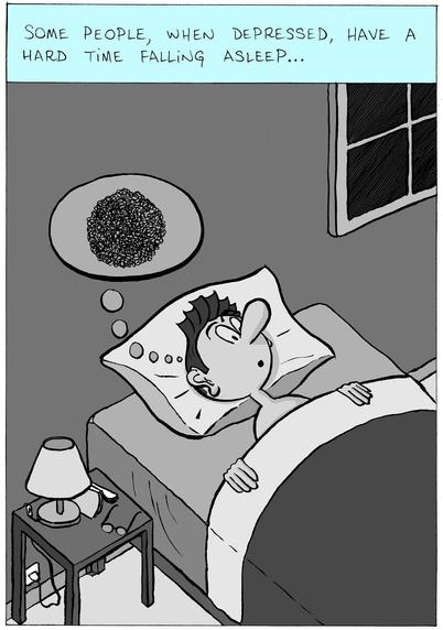 In the first panel, the narrator says "Some people, when depressed, have a hard time falling asleep..." Below is a character lying in bed, at night, with eyes wide open and a thought bubble full of black tangled squiggly lines. Everything in drawn in greyscale. (On the bedside table: a lamp, glasses, a book.)