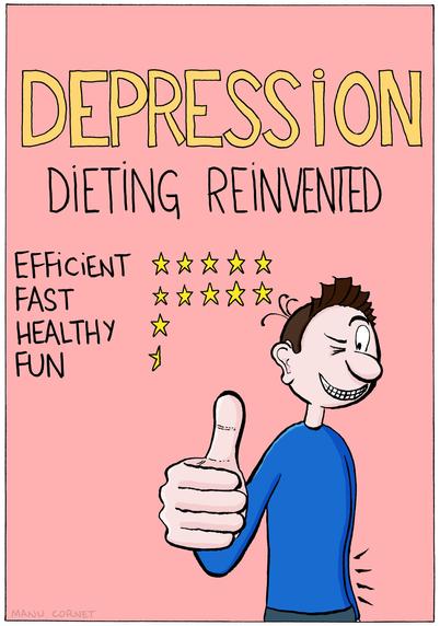 In the fourth and last panel, the same character is this time drawn in color, and makes a "thumbs up" gesture. Above him is written "DEPRESSION — Dieting reinvented — Efficient (5 stars), Fast (5 stars), Healthy (1 star), Fun (0.5 star)".