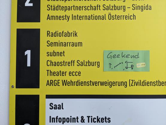 Bild eines ARGE Salzburg Wegweisern mit einem handgeschriebenen Geekend-Wegweiser.