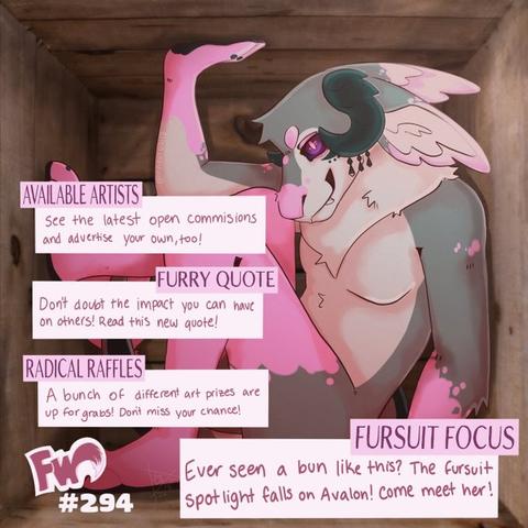 Furry Weekly issue 294 cover featuring Avalon the pink and gray rabbit creature squished into a box. Art by phiishbites on Instagram