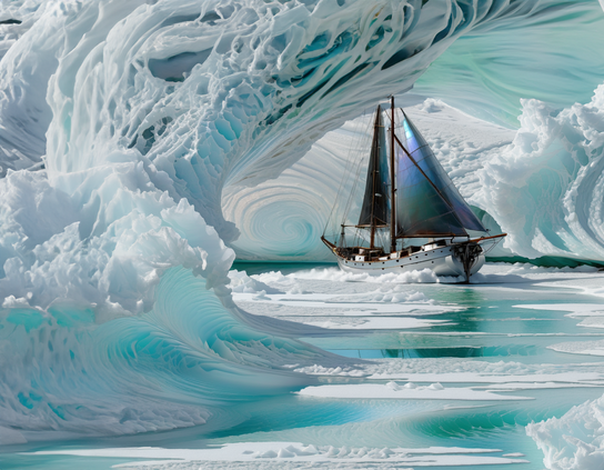 A metallic robot ship with dark iridescent sails carves through icy waters, in a frozen cave illuminated by bright reflected sunlight.