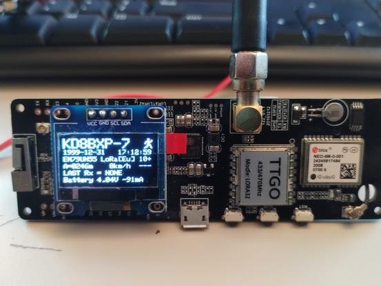 TTGO T-Beam, showing KD8BXP-7, grid square, a person icon, and some other information. Setup for LoRa APRS