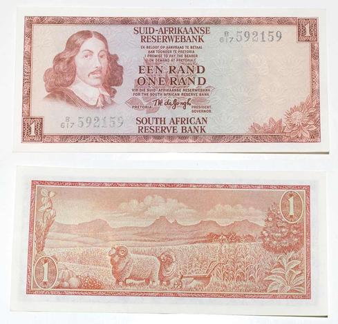 South African 1-rand banknote printed in Afrkaans and English, mostly in reddish-brown.