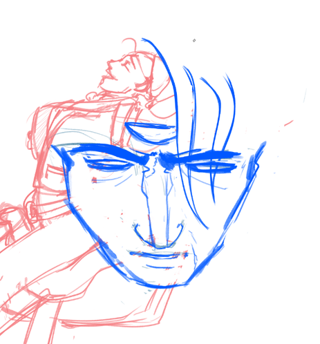 Screenshot von digitalem Sketch. Kopf einer männlichen Figur mit blauen Linien. eine zweite Figur im Hintergrund mit roten LInien.
Der vorne sieht nachdenklich aus, der hinten ausgelassen.
Ich will die beiden Linearts später ineinander verschmelzen lassen.