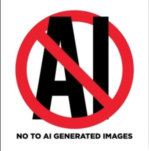Black AI with red circle and slash through it.  It also says No to AI Generated Images.
