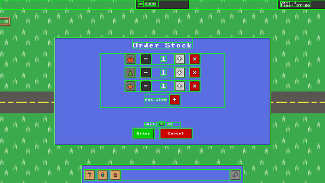 A green field with a road running through it.

There are GUI windows in the center, top, bottom and top-right of the screen.

On top of these windows there are green debugging rectangles forming the outlines of the windows and their widgets.