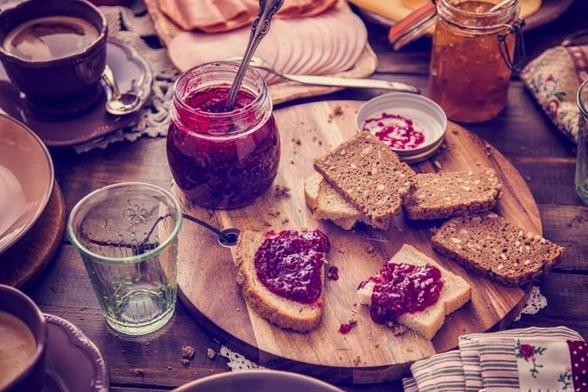 Simple Belgian breakfast with bread and jam.