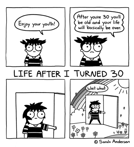 un strip de Sarah Scribble. Première case : une voix extra-diégétique dit à Sarah enfant "Enjoy your youth!" 2e case : "Once you're 30 you'll be old and your life will basically be over". Il y a une séparation entre les deux cases du haut et les deux du bas où il est écrit "Life after I turned 30". 3e case, Sarah ouvre une porte. 4e case, derrière cette porte il y a un champ de fleurs surplombé d'un arc-en-ciel et Sarah s'exclame "wait. What?"