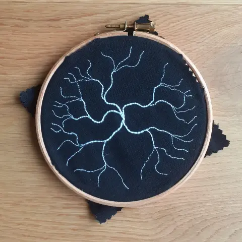 Small embroidery ring containing dark material with white thread branching out from the center of the ring.