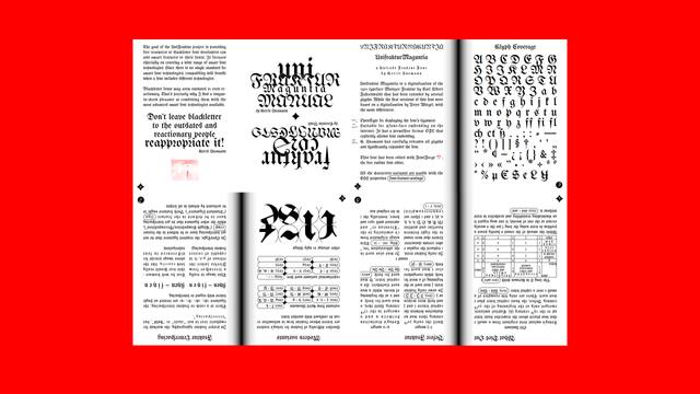 livret 8 pages à plat à imprimer format A3 du manuel d'utilisation de UniFracktur. L'une des phrase importante du texte de Gerrit Ansmann est : "Don't leave blackletter to the outaded and reactionary people, reappropriate it!"